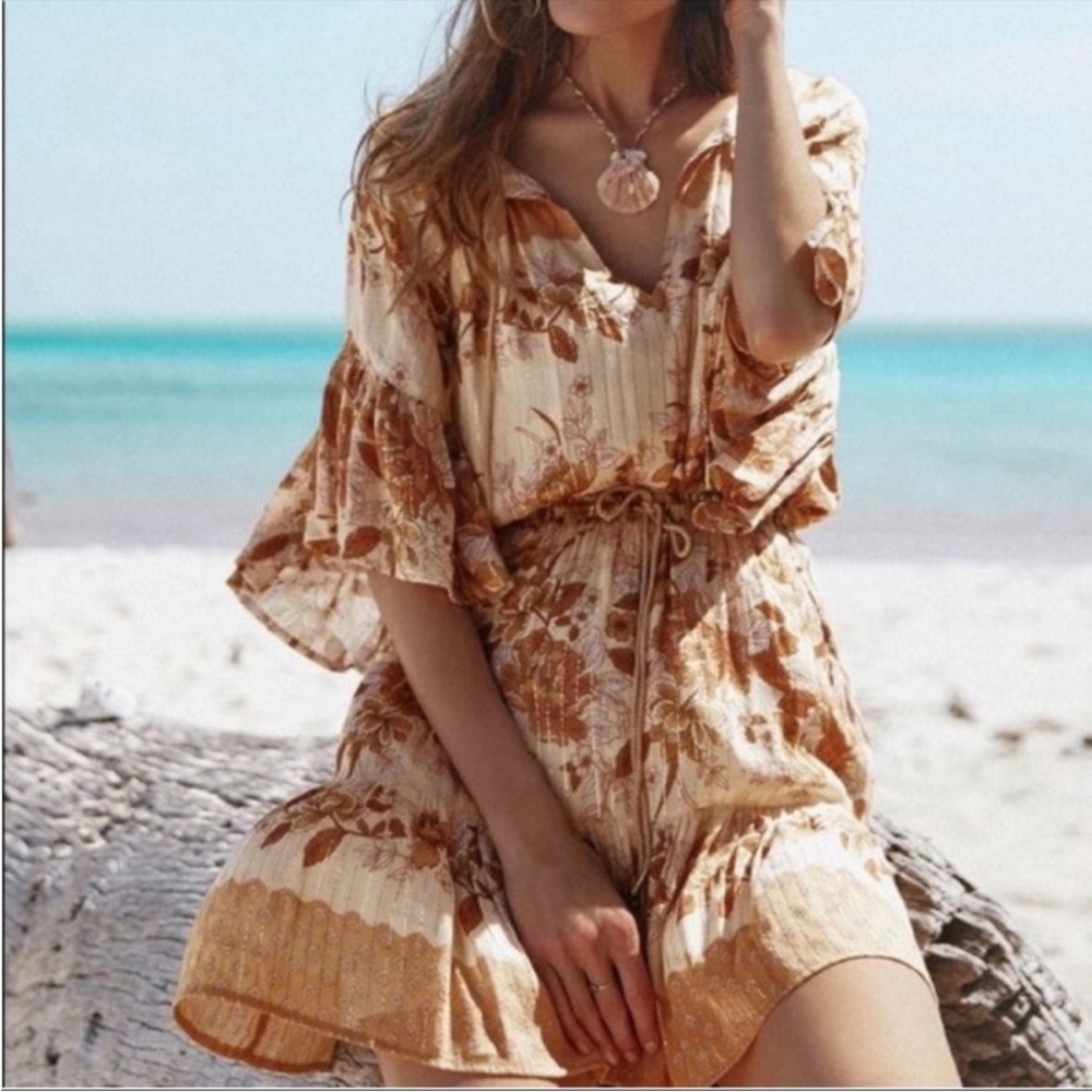 SPELL coco lei flutter sleeve playdress caramel Metallic floral mini dress small - Picture 5 of 12